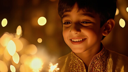 Diwali, Sparkling Joy: A young boy's face glows with happiness as he holds a sparkler, surrounded by the warm glow of Diwali lights, capturing the magic and wonder of the festival. 