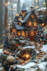 Fototapeta premium Magical Christmas with whimsical trees and ornaments, glowing with fairy lights and surreal holiday decorations,