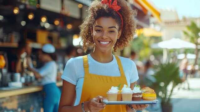 attractive African American waitress roller skates serves cupcakes and drinks visitors sunny cafe. lively atmosphere enhances joyful experience.
