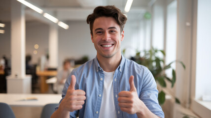 A cheerful young Caucasian man sitting in a modern office, giving two thumbs up with a bright smile, exuding positivity and enthusiasm in a collaborative work environment.