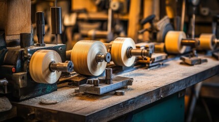 Fototapeta premium A workshop with spinning wood lathes, showcasing craftsmanship in woodturning.