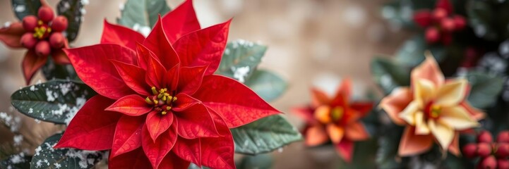 Vibrant poinsettia flowers on a bright red background, season, petals