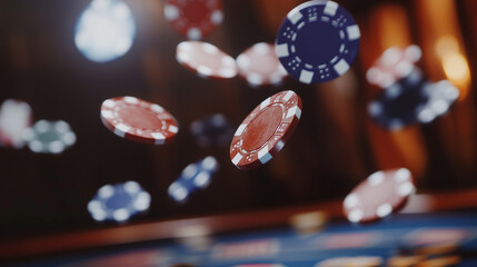 Fototapeta na wymiar Zestaw kolorowych żetonów pokerowych spadających z powietrza na elegancki stół do gry.