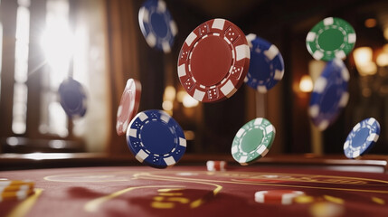 Fototapeta na wymiar Zestaw kolorowych żetonów pokerowych spadających z powietrza na elegancki stół do gry.