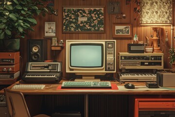 Retro computer setup with vintage equipment and decor in a home office.