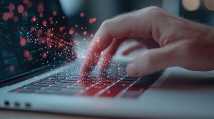 Hand Typing on Laptop with Holographic Effects