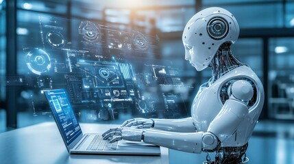 Fototapeta premium Futuristic Robot Working on Computer