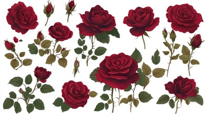 Elegant Red Rose Floral Illustration Set