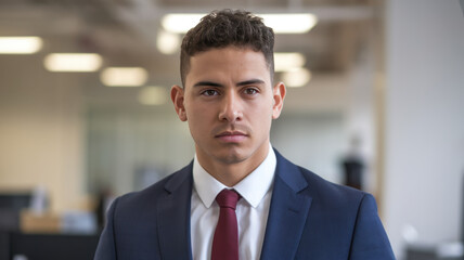 Fototapeta premium A confident Hispanic male professional in a tailored suit and red tie, standing in a modern office setting, exuding determination and focus.