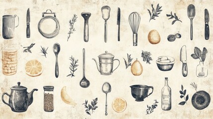 Vintage Kitchen Utensils and Ingredients Illustration