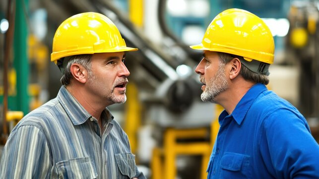 Discussion Between Two Workers in Safety Gear