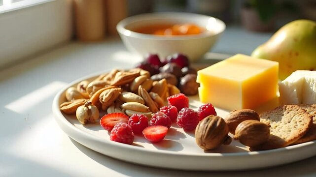 Cheese and Fruit Platter with Crackers, Nuts, and Apricot Jam