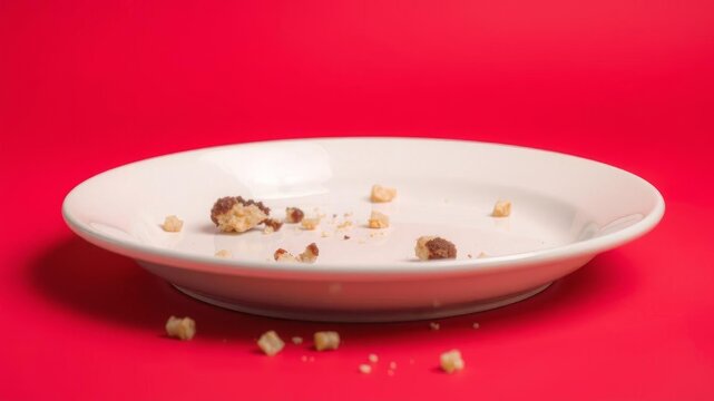 Vibrant red background with scattered food crumbs, evoking a sense of hunger and craving, longing, mouth-watering