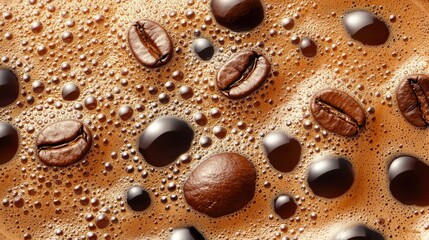 Close-Up of Coffee Bubbles and Beans on Surface