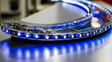 A blue LED light strip is installed on a curved, clear acrylic panel - Powered by Adobe