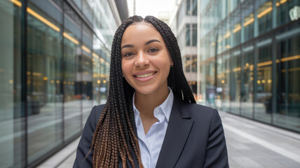 Obraz premium Confident young Black woman smiling in a modern urban setting, dressed in a professional suit, exuding positivity and professionalism amidst glass buildings.