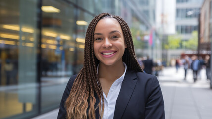 Obraz premium Smiling African American woman in a business suit, showcasing confidence and professionalism in a modern urban setting.