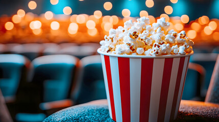 A striped popcorn box in the cinema against the background of blue seats.