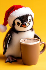 Fototapeta premium christmas winter penguin in santa hat and holding a cup of hot drink isolated over yellow background