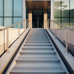 Obraz premium Modern building with curving staircase and accessible ramp under blue sky, showcasing inclusive architectural design and clean lines