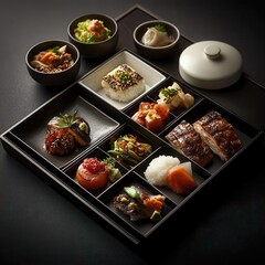A beautifully arranged Japanese bento box featuring various dishes, showcasing colorful ingredients and exquisite presentation.