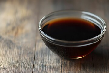Rich Dark Soy Sauce in a Glass Bowl, close-up, texture, velvety, culinary