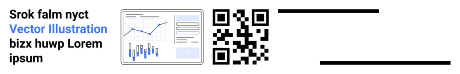 Business analytics dashboard with various charts, QR code, and sample text for data presentation. Ideal for business, analytics, statistical analysis, data visualization, information technology