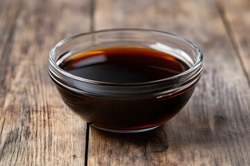 Rich Dark Soy Sauce in a Glass Bowl, close-up, texture, velvety, culinary
