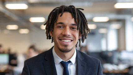 Fototapeta premium Smiling young Black man with dreadlocks in a business suit, confidently posing in a modern office setting, exuding professionalism and optimism.