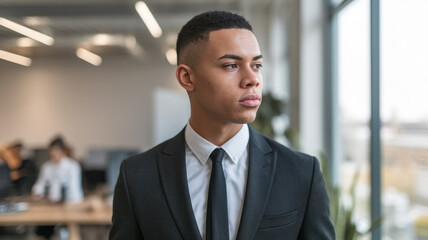 Fototapeta premium A young Black male professional in a suit gazes thoughtfully out the window in a modern office setting, reflecting determination and ambition amidst a busy backdrop.