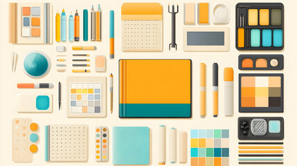 Flat lay of various art supplies and stationery items on a beige background.
