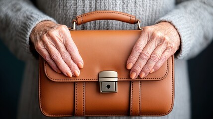 Elderly hands holding a stylish brown leather handbag with a silver clasp, AI