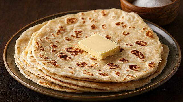 Classic lefse with butter and sugar on a simple plate on a dark brown background with subtle Nordic motifs