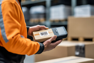 A warehouse worker scans barcode on package using handheld device, showcasing logistics and inventory management process. environment is organized and efficient, reflecting modern warehousing practice