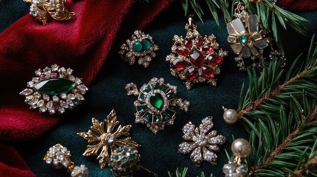 Close-up of holiday-themed accessories like sparkly earrings and brooches arranged on a velvet surface, ready for a festive outfit.