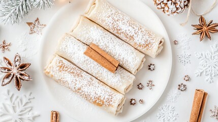 Lefse rolls dusted with powdered sugar and cinnamon on a soft white background with small winter decor elements