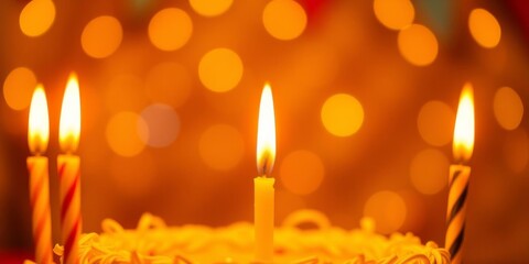 Yellow background with a vibrant birthday candle lit and casting a warm glow, flame, party