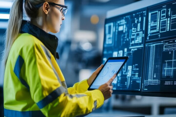 A focused woman in yellow safety jacket uses tablet while analyzing digital blueprints on large screen in modern industrial setting. Her concentration reflects importance of her work