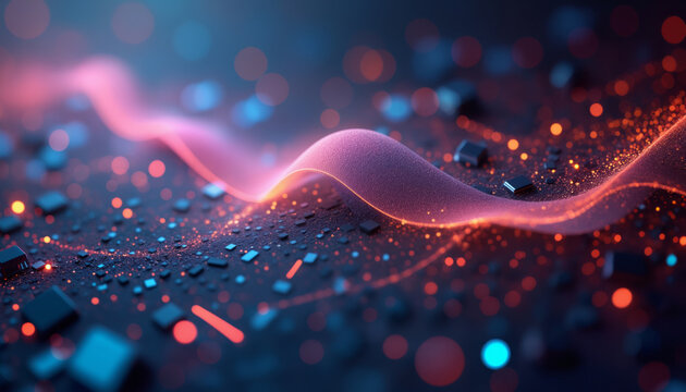 Abstract red and blue wave-like lines flow across a black background, creating a digital, futuristic landscape. The design emphasizes energy, movement, and the dynamic nature of technology.