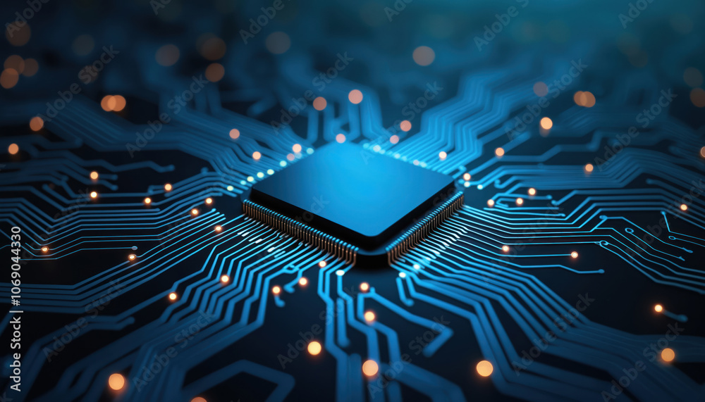 Poster blue circuit board with processor: a blue circuit board with a processor at the center, symbolizing 