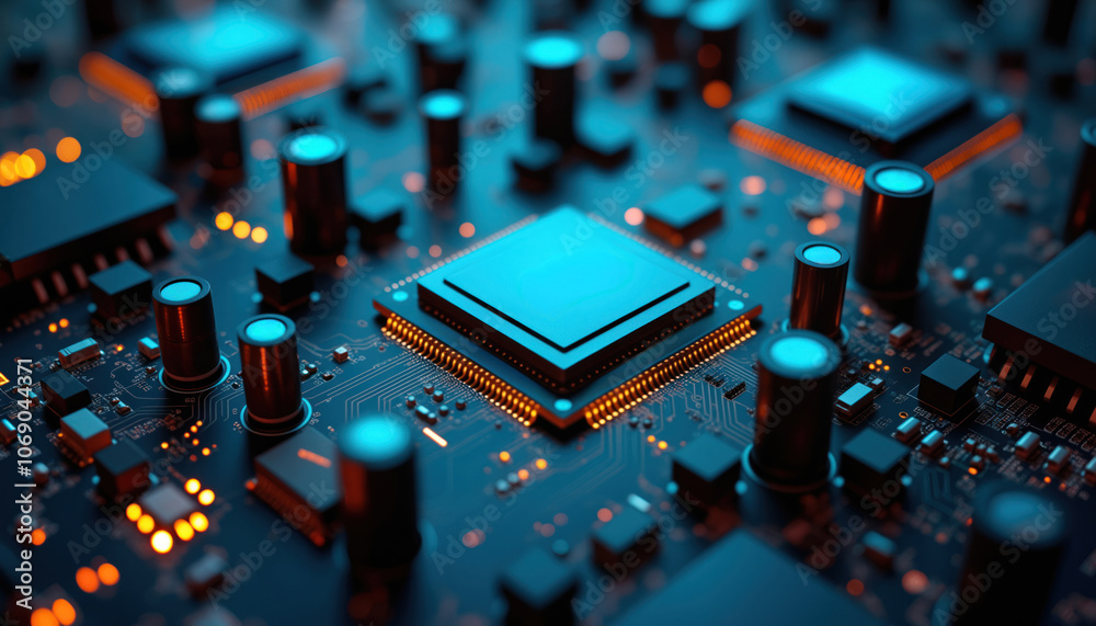 Poster blue processor on circuit board with components: a close-up of a blue processor on a circuit board, 