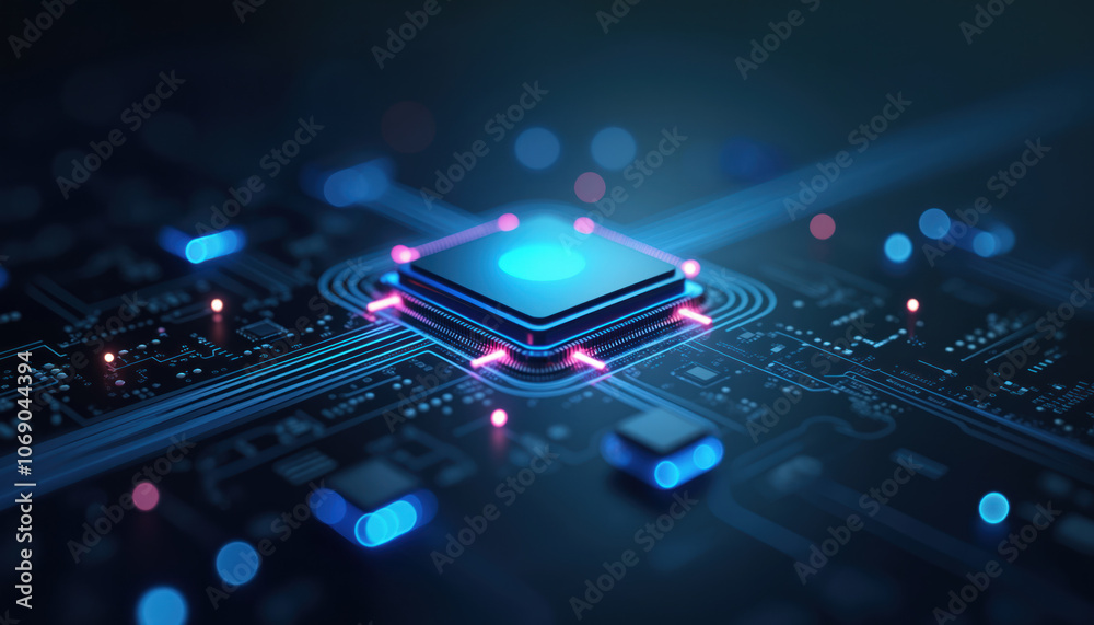 Poster glowing processor with circuit lines: a glowing processor with circuit lines, representing cutting-e
