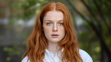 Naklejka premium A young Caucasian woman with long red hair and freckles gazes thoughtfully at the camera, surrounded by a lush green background that evokes a serene atmosphere.