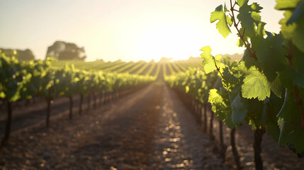 Fototapeta premium Rows of grapevines in a vineyard at sunrise with sun rays shining through the leaves.