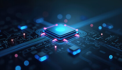 Glowing Processor with Circuit Lines: A glowing processor with circuit lines, representing cutting-edge computing and AI technology.
