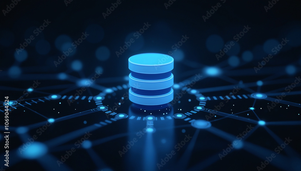 Poster database icon with network connectivity: a database icon connected within a network, representing se