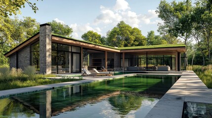 Obraz premium Summer day at a contemporary home with deep green pool and alder roof.