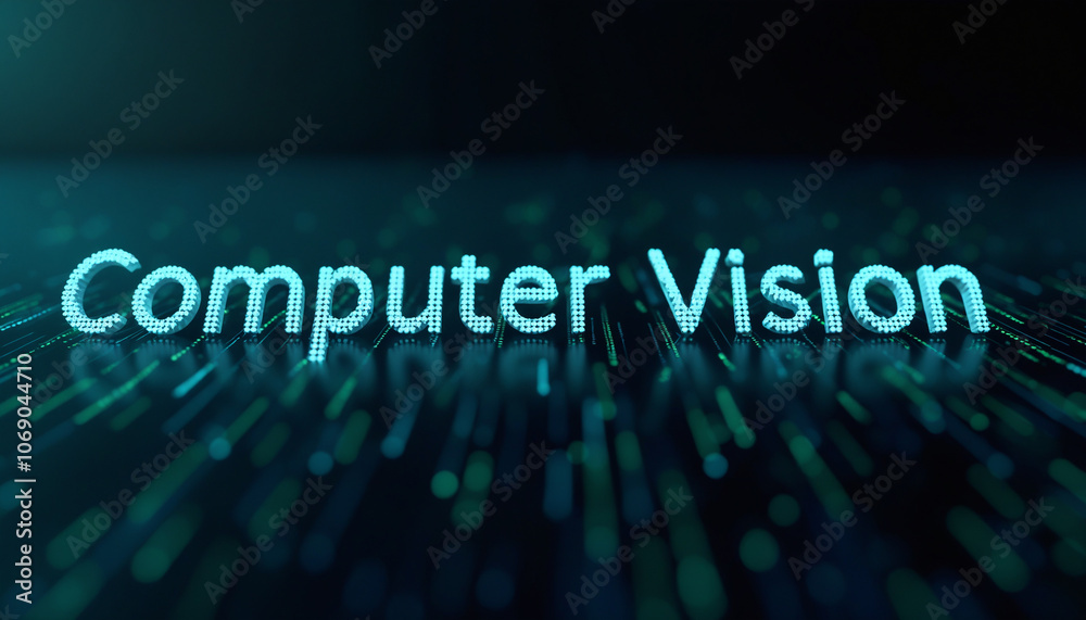 Poster computer vision text in digital network: the phrase computer vision highlighted within a connected d