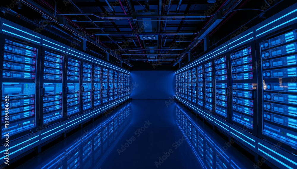 Poster long corridor in a data center with rows of servers, illuminated by bright lights and surrounded by 