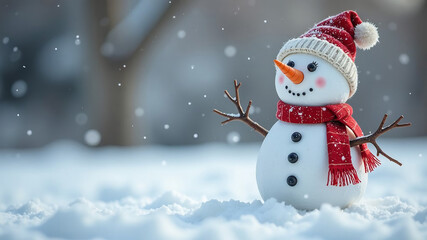 Snowman with red scarf and hat on white snow. Christmas background.